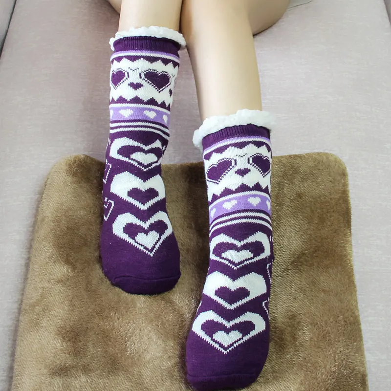 Purple Новое поступление; теплые флисовые зимние носки-тапочки; теплые удобные пушистые зимние носки до колена с ворсом и оленем; Рождественский подарок - Цвет: Purple