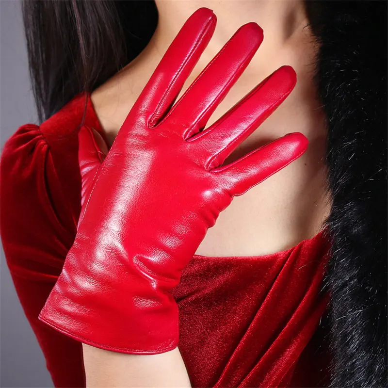 25 см женские перчатки из натуральной кожи короткие козья кожа тонкий бархат выстроились фиолетовые S00193-ZS - Цвет: Red