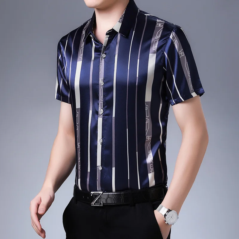New Summer Male Silk Clothes Fashion Striped Silk Shirt Short Sleeve Mens Casual Satin Dress Shirts