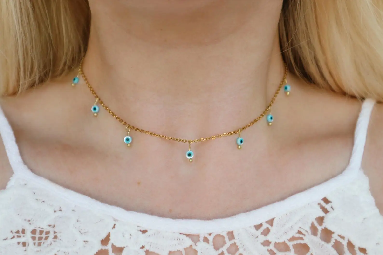 Baby Blue Evil Eye Beaded Choker Necklace - Image 2