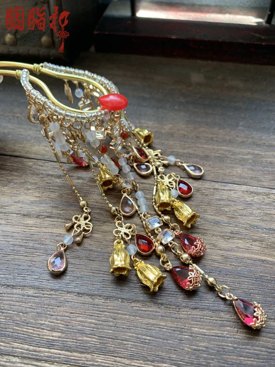 

Fu Wu, разноцветные жемчужные бусы, длинные кисточки, заколка для волос, винтажный оригинальный ручной работы, аксессуар для волос Hanfu для ТВ-игры, косплей