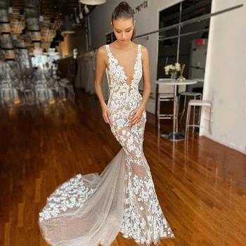 

Eightree Mermaid Wedding Dresses Sexy Deep V Neck Lace Appliques Beach Boho Wedding Gown Custom Bridal Dress Vestido de Noiva