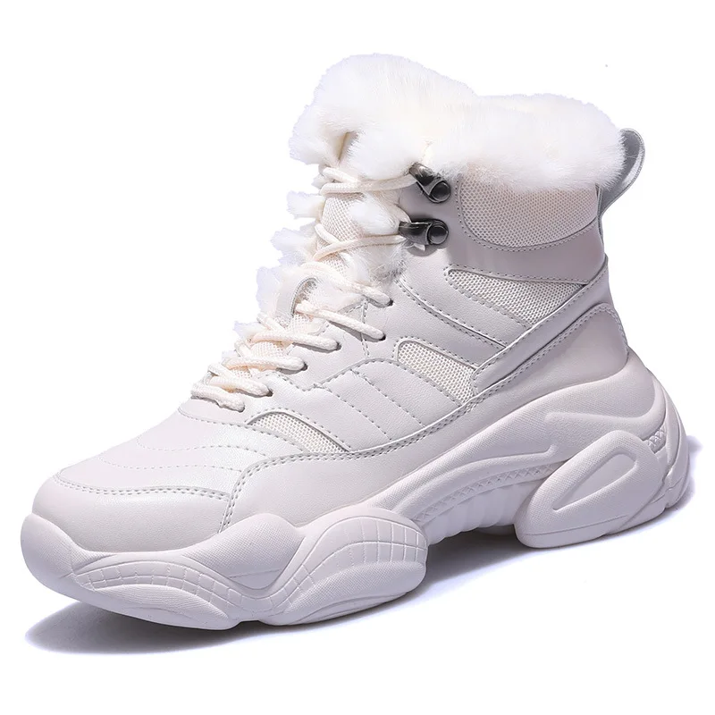 

SWONCO Winter Fur Sneakers Women Warm Snow Boots High Top Causal Shoes Female 2019 Black Shoes Plush Fur Ankle Boots Chunky Wome