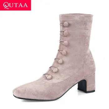 

QUTAA 2021 Square Toe Flock Ankle Boots Elastic Band Square High Heel Women Shoes Autumn Winter All Match Short Boots Size 34-43