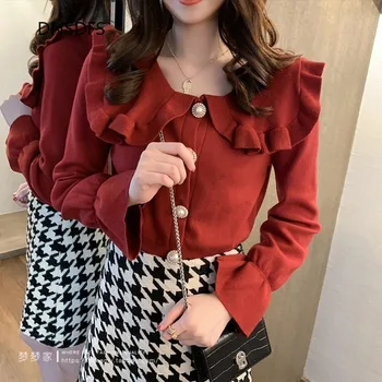 

New-coming Autumn Winter Doll Collar Pullovers Knit Cardigan Sweaters Sweet Bottom Shirt Long Sleeve Korean Slim-fit Sweater