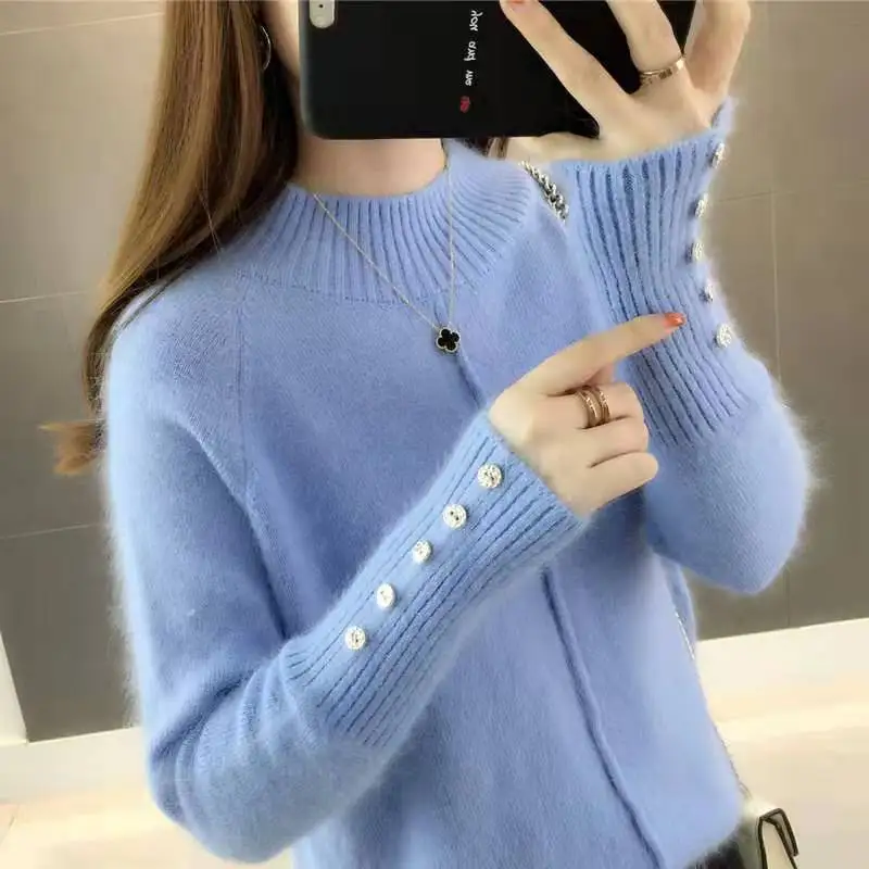 

Women Solid Knitted Cuff Button Sweaters Pullovers Solid Color O-neck Slim Casual Ladies Knitted Sweater Spring Autumn New