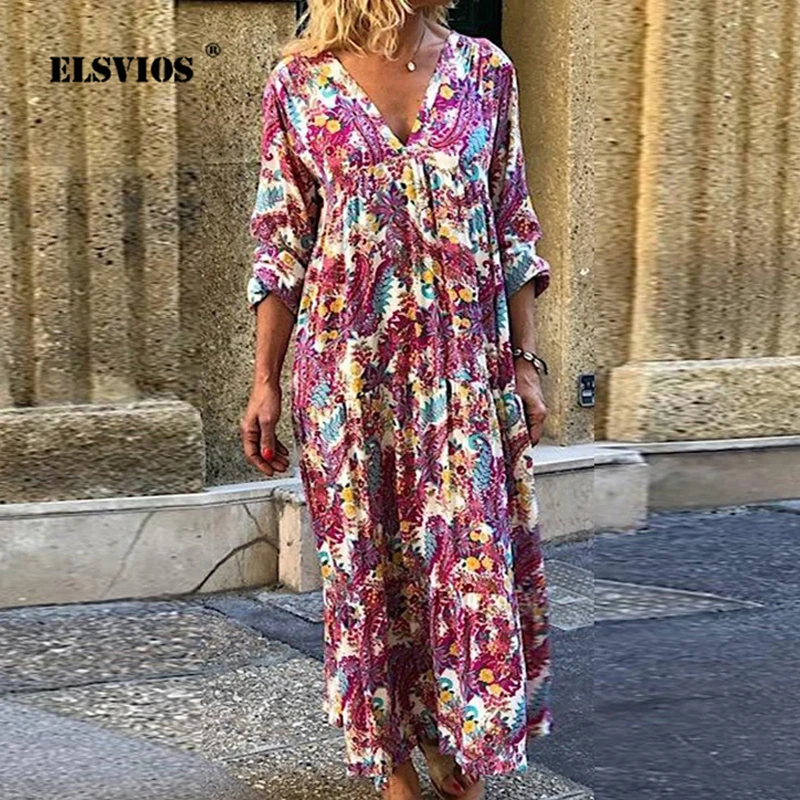 Женское платье с длинным рукавом ELSVIOS Свободное длинное v образным вырезом и