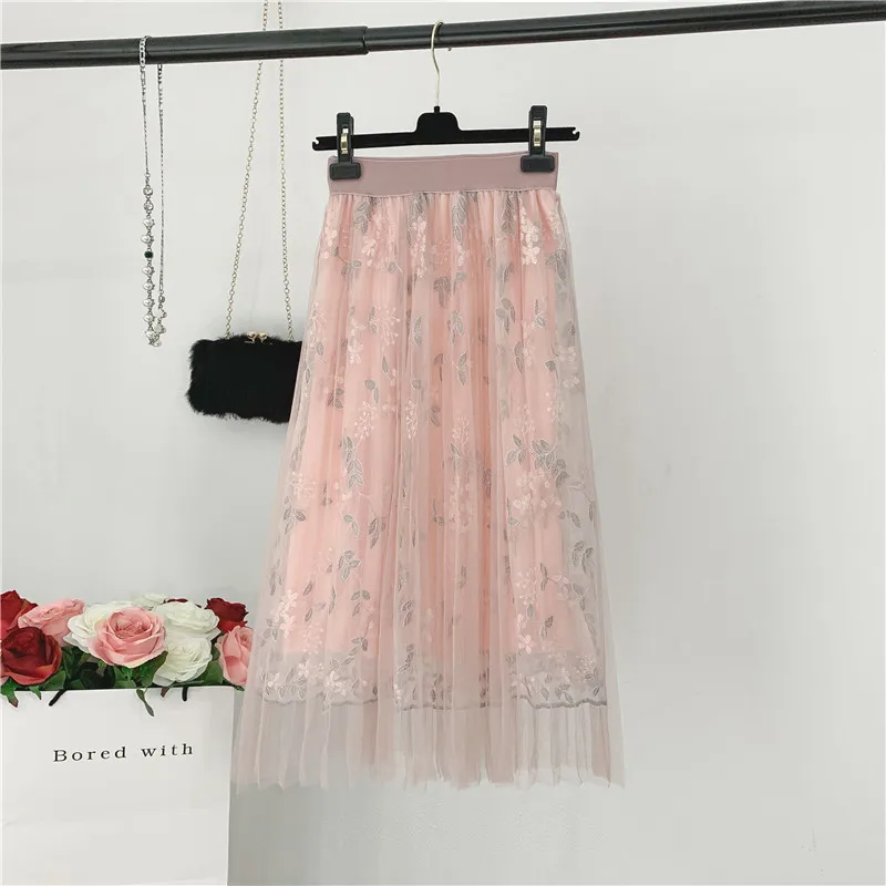 

Gauze Skirt Mid-length 2019 Spring New Style High-waisted Embroidered Fairy Skirt Pleated Skirt