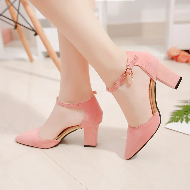 

Concise Fashion High Heels Thick With Pointed Women's Shoes Korean Middle Hollow Single Shoes Suede Shallow Mouth Work Shoes 7Cm