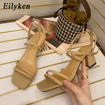 

Eilyken Women Sandals Square High Heel 6CM Women Summer Sandal Shoes Fashion Narrow Band Female Classic Sandals Shoes