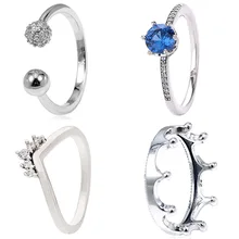 Тиара Wishbone синий сверкающий полированный Корона проложить шарик кольцо 925 пробы Серебряное кольцо для женщин Diy Европа ювелирные изделия
