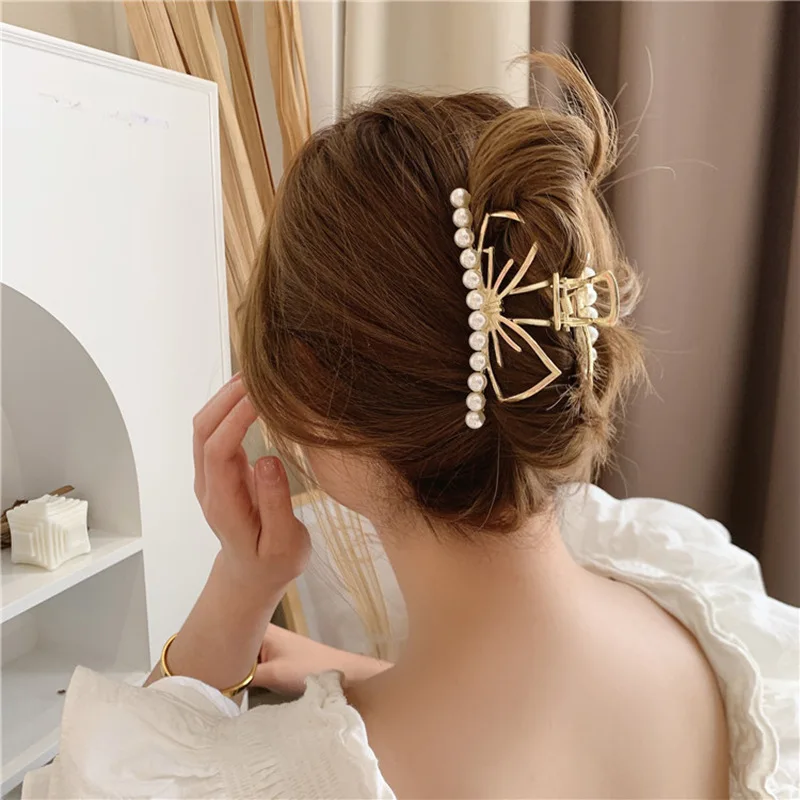 

5 PCS 95x60mm KC Gold Color Plated Imitation Pearl Hollow Out Bowknot Hairpin At The Back Of The Head Clip Female Hairpin