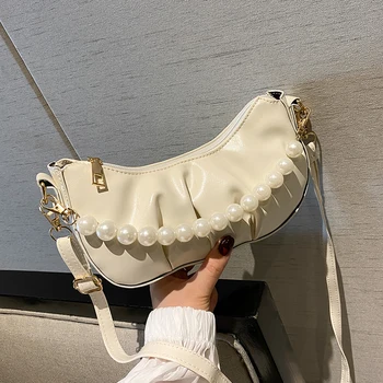 

Pleated Crossbody bags For Women 2020 Small Half moon Dumplings Shoulder Handbags Beaded underarm bag sac femme