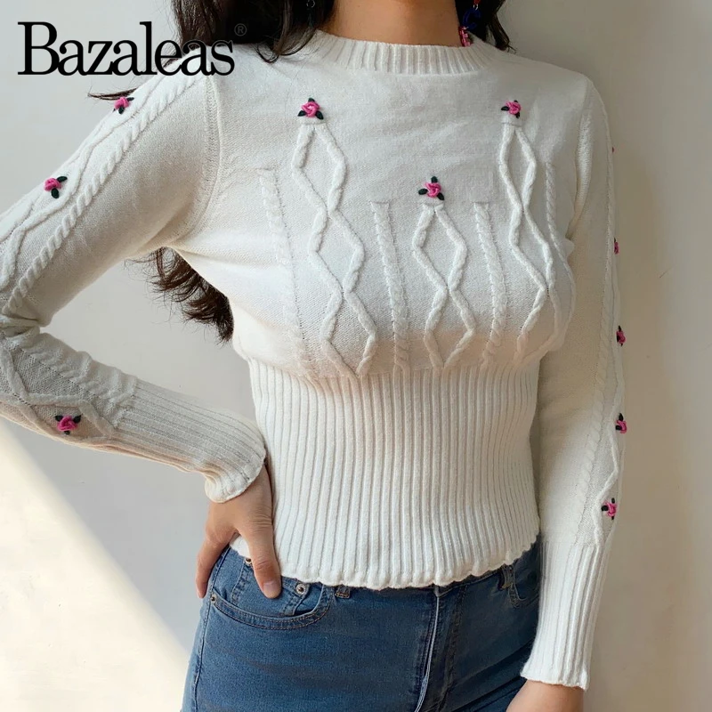 Bazaleas французский белый женский свитер с цветочной вышивкой, винтажный свитер с круглым вырезом, женский ретро теплый вязаный пуловер