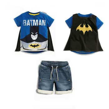 

Children Clothing Set New 2016 Baby Boys' Batman Short Sleeved T-shirt + Denim Shorts Suit Removable Cloak Kids Clothes
