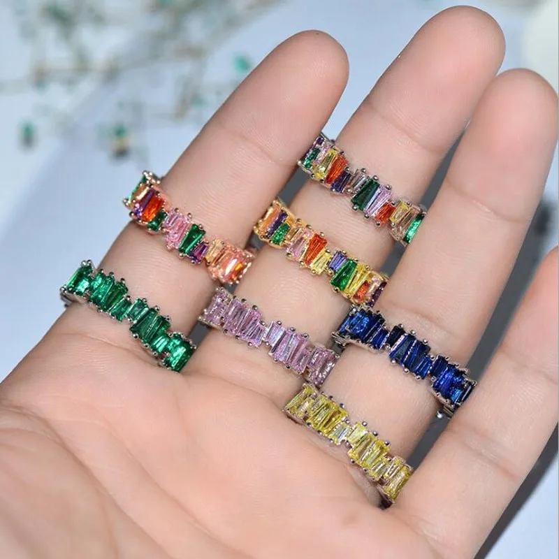 

Sparkling Luxury Jewelry 925 Silver&Rose Gold Fill T Princess Cut Colorful 5A Cubic Zirconia Eternity Women Wedding Band Ring