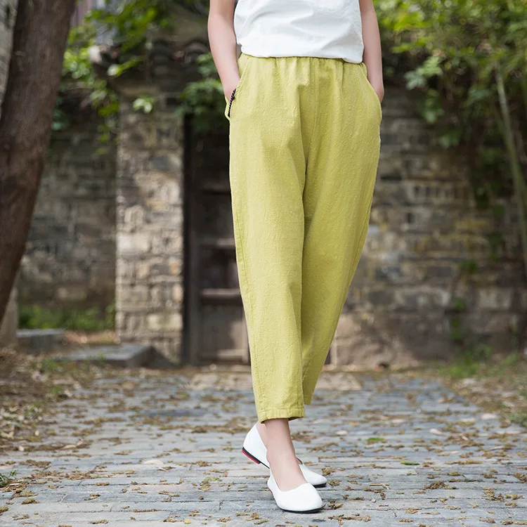 Johnature Loose Comfortable Solid Color Pockets Elastic Waist All-match Calf-length Pants 2020 Autumn New Women Straight Pants