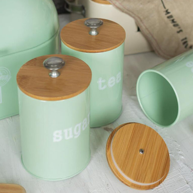 Metal Kitchen Bread Bin with Hinged Lid and 3 Pack Canister set with Airtight Lid - Mint Green