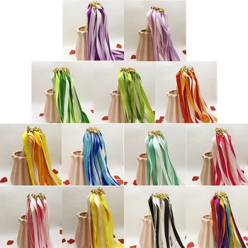 

20pcs Colorful stain ribbon wedding Celebration stick wedding wands With gold Bells for Outdoor wedding Party decoration gifts