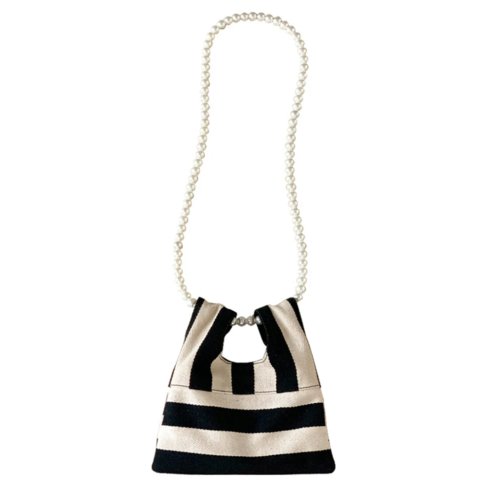 Pearl Striped Canvas Handbag Women Cute Shoulder Bag Mini Student Diagonal Bag Beaded Chain Horizontal Square Type Underarm Bags