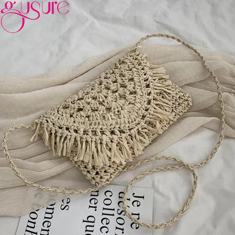 Gusure Casual Tassel Hollow Straw Bag For Women Wicker Woven Female Shoulder Crossbody Bags Rattan Summer Beach Small Purses |