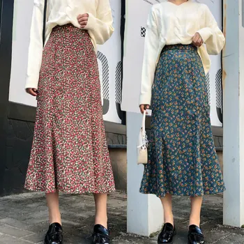 

Fashion women's skirts 2020 autumn and winter retro floral high waist corduroy mid-length package hip fishtail skirt