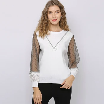 

Office Lady Knitted Sweaters Women Blouses Tops Dot Print Lace Patchwork Chiffon Long Sleeve Elegant Pullover Outerwear T20606