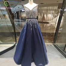 SSYFashion Новое высококачественное роскошное вечернее платье, для банкета благородное темно-синее с v-образным вырезом и блестками, Бисероплетение длинное вечернее платье Vestido De Noche