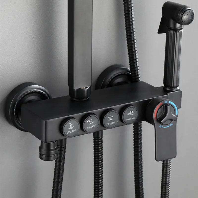 Thermostatic Shower Set Black Bronze Rainfall Bathroom Shower Mixer Set Copper Bathroom Fixture Faucet Black Bath Shower System 2