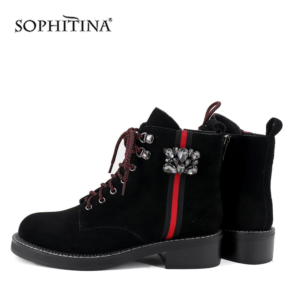 SOPHITINA/модные ботинки на шнуровке из высококачественной натуральной кожи; удобная обувь на квадратном каблуке с украшением в виде кристаллов; ботильоны; C415