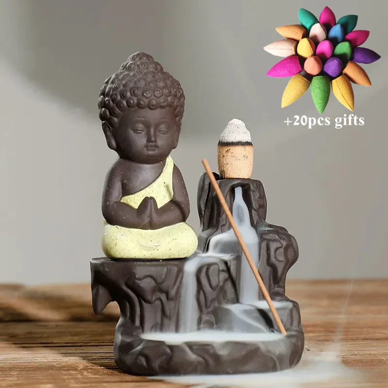 Цвет: желтый Home Decor The Little Monk Small Buddha Backflow Incense Burner Creative Incense Stick Holder Waterfall Censer+ 20pcs Cones - Цвет: Цвет: желтый