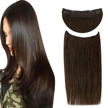 

VeSunny One Piece Halo Hair Extensions Invisible Fishing Line Hair Flip in Wire with 2 Clips on Real Human Hair Dark Brown #4