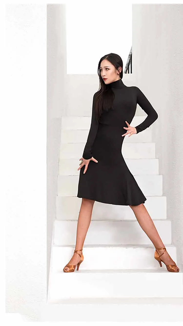Латинское танцевальное платье черное соблазнительное длинное с открытой спинкой рукав Румба ча-ча Самба сальса платья Женская одежда