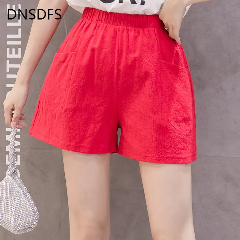 Женские хлопковые широкие шорты однотонные черные белые желтые с высокой талией