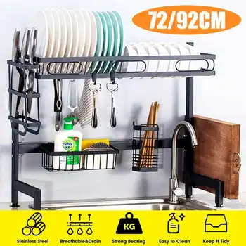 

72/92CM Multi-use Stainless Steel Dishes Rack Steady Sink Drain Rack Kitchen Organizer Rack Dish Shelf Sink Drying Rack Black