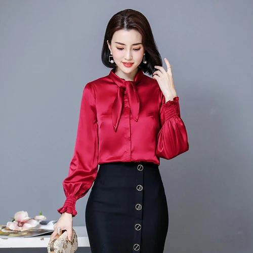Blusas Mujer De Moda осенние модные офисные женские рубашки с длинным рукавом и бантом женские Однотонные блузки на каждый день женские топы 6225 50 - Цвет: Красный