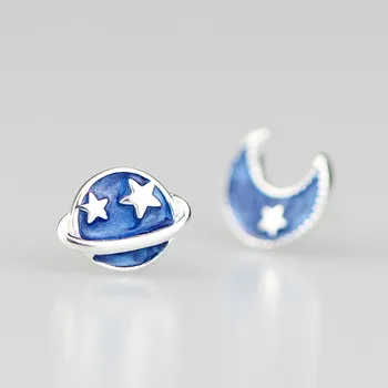 

S925 Sterling Silver Earrings Star and Moon Asymmetric Earrings Creative Design Dark Blue Universe Gift Earrings
