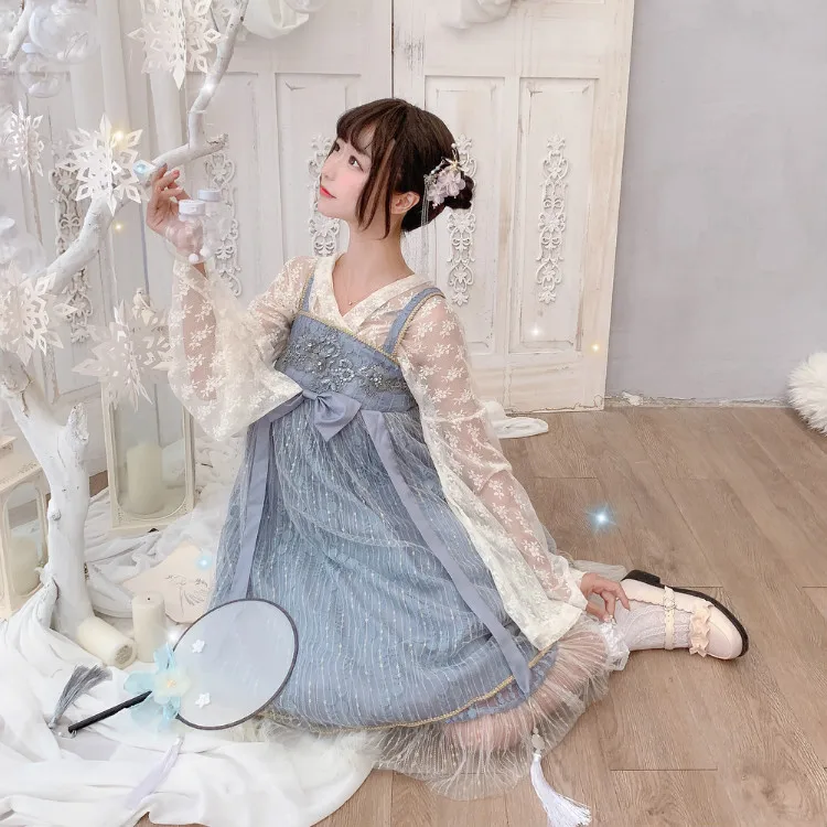 Китайский Hanfu Стиль Для женщин платье, платье в стиле «Лолита» платье в комплекте: Цветок Кружева Нижняя рубашка и чулок АО платье вуалью двухслойные RuChun Стиль
