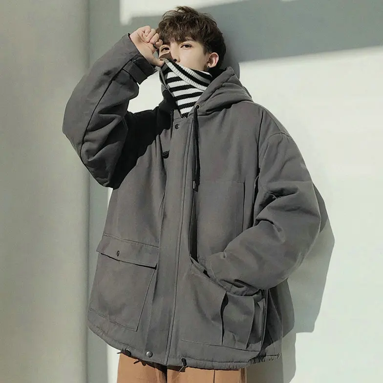 Korean Loose Men's Oversize Jacket Autumn Winter Hooded Cotton Coat Wool Liner Men Coats Warm K098 - Цвет: Серый