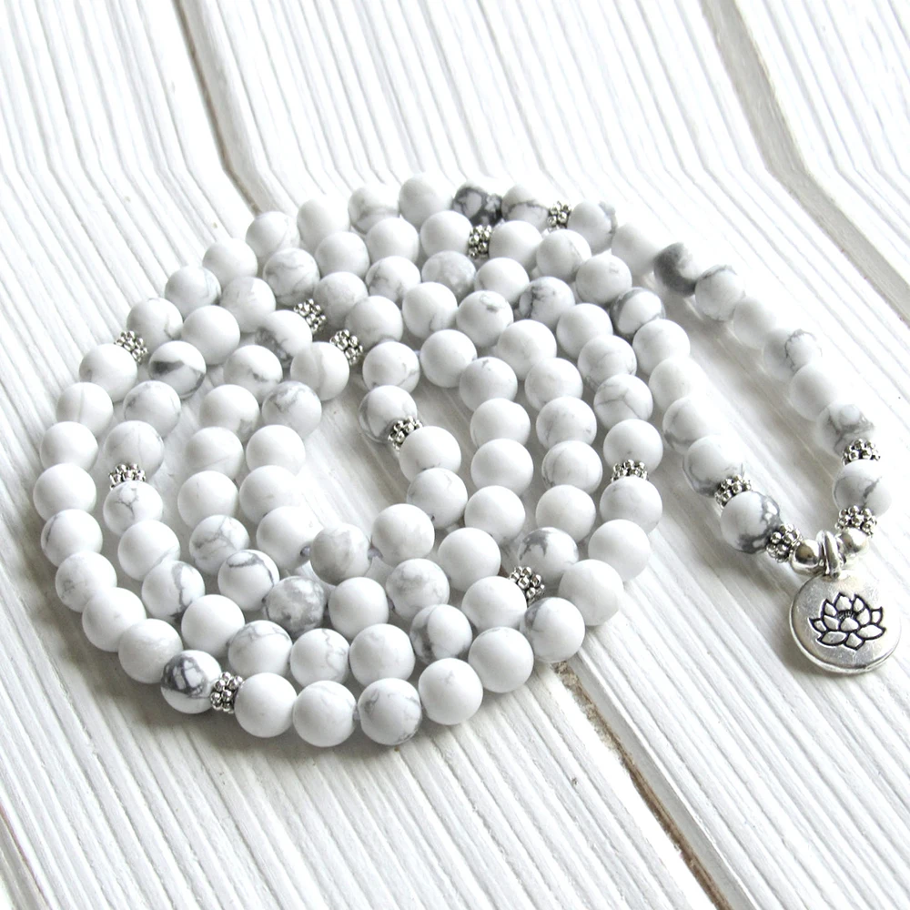 Ruberthen 8 мм белый Howlite 108 Мала Браслет Лотос шарм Женская Йога ювелирные изделия дизайн энергетическая защита Йога браслет