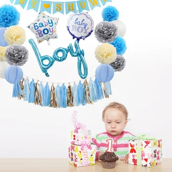 

1 Set BOY'S GIRL'S BABY SHOWER Party Decorations It's A Boy Banner Baby Blue Shower Party Kit Flower Poms Ball Lanterns Tassels