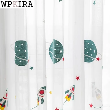 

Cartoon Window Treatments Curtains Tulle For Children's Bedroom Embroidery Yarn in Outer Space For Boy's Room Curtains 020&30