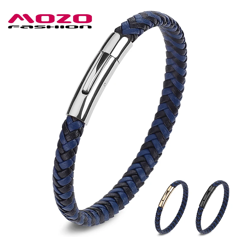 

MOZO FASHION Men Charm Bracelets Blue Leather Rope Mixed Braided Bracelet Simple Style Punk Man Classic Silver Jewelry 501