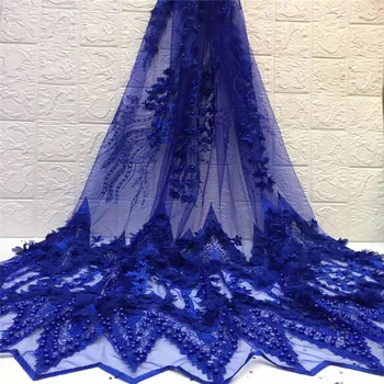 

Wholesale French fringed lace fabric with feather high quality handmade African 3D Flower beads fabric for royal wedding dress