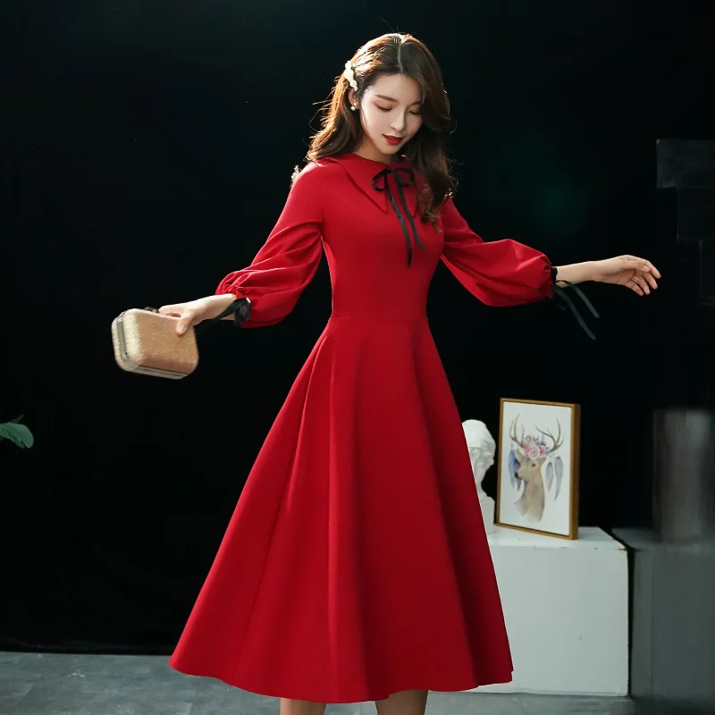 

Burgundy Solid Womens Lantern Sleeve Party Dress Evening Banquet Elegant Prom Long Dress Turn-down Collar Gown Vestido S-XXL