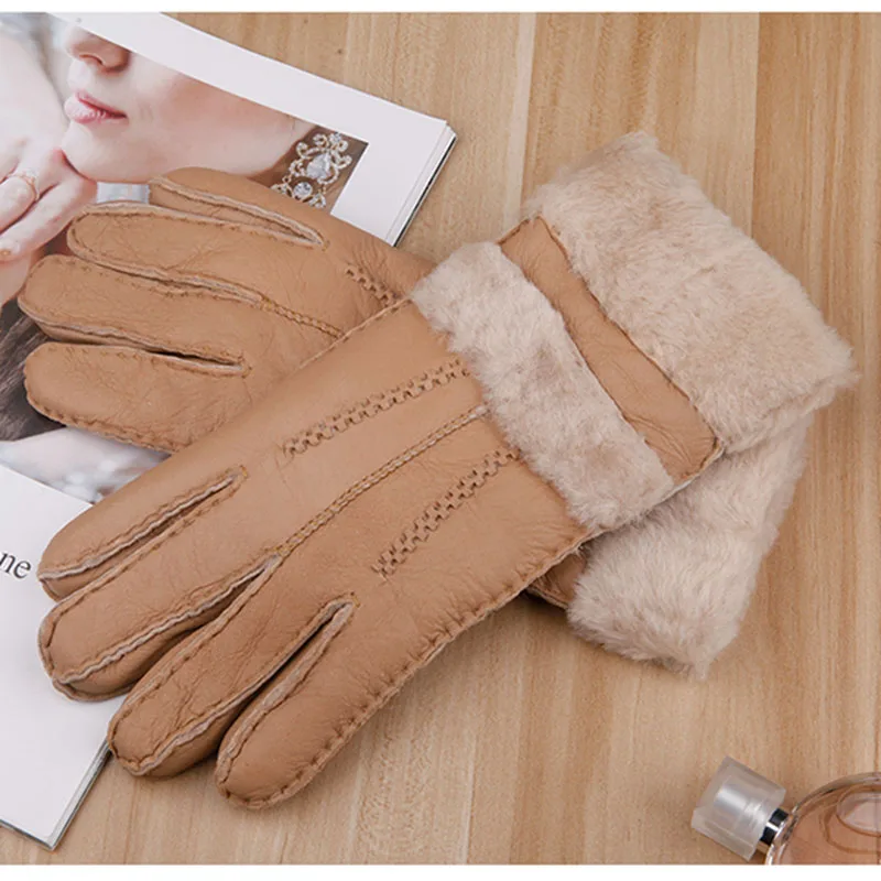 Женские перчатки из натуральной овечьей кожи, теплые зимние женские толстые перчатки, перчатки из натуральной кожи с пальцами, Дамская мода, ручная грелка