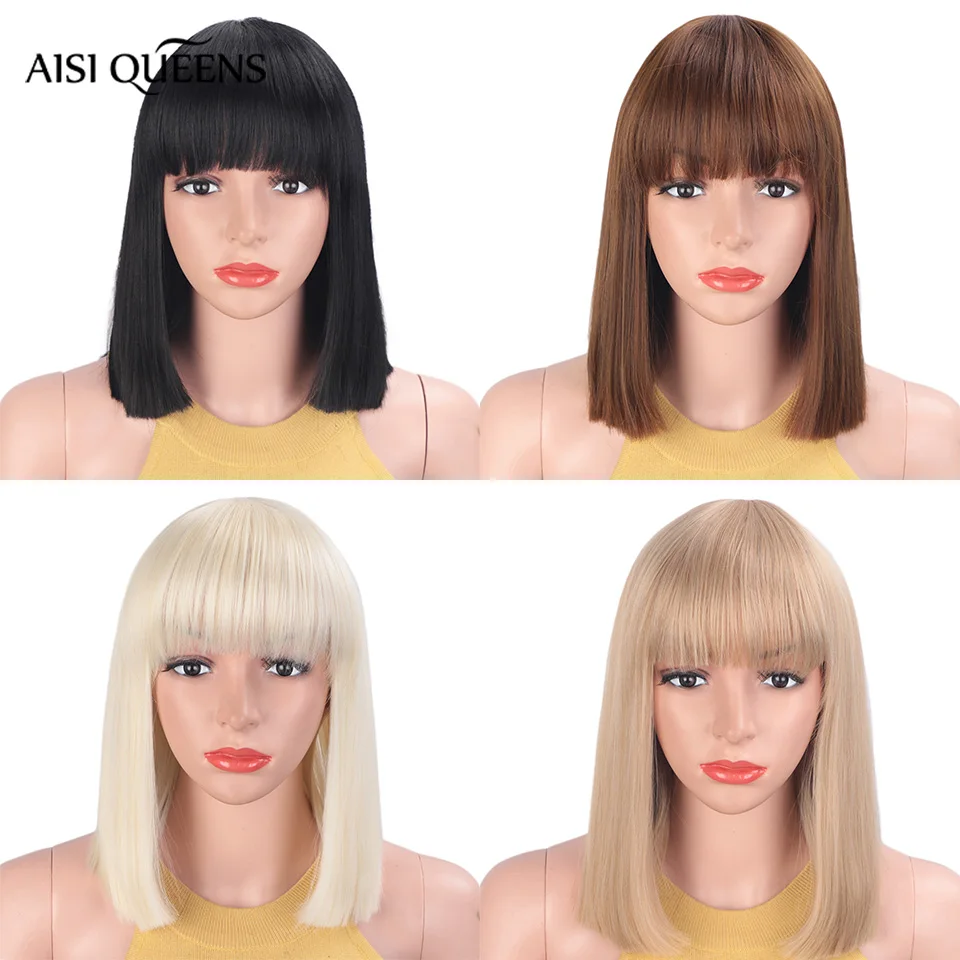 Aisi Queens синтетические парики с челкой прямой блонд короткий натуральный боб парик для Черный Белый для женщин высокая температура волокна