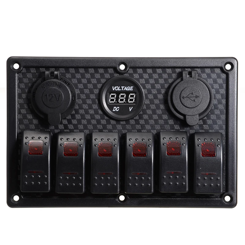 6 Gang Red LED Car Switch Panel 12V 24V Circuit Breakers Overload Protect Boat Rocker Switch Control Panel Set