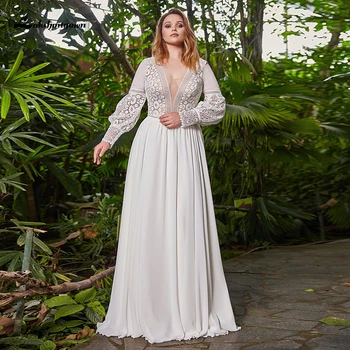 

Plus Size Lace Chiffon A Line Wedding Dresses V-neck Long Sleeve Lace-up Bridal Gowns with Beading vestido de novia