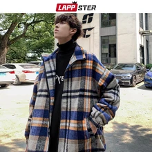 LAPPSTER Мужская корейская мода клетчатый Тренч пальто пальто Мужская Уличная ветровка Harajuku модная длинная куртка пальто